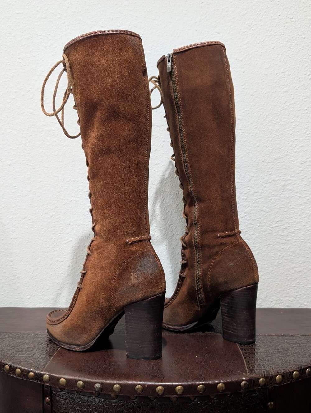 FRYE Parker Moccasin Lace Up Tall Knee High Zip Brown Suede Leather Boots - Picture 13 of 16